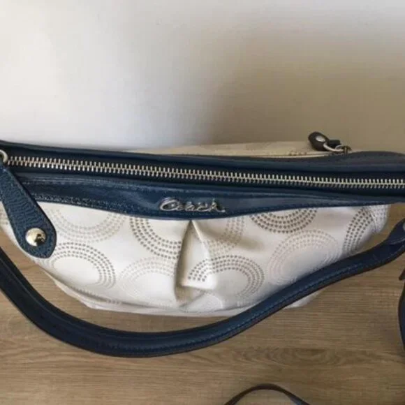 Coach Ashley Dotted Op Art Cream Canvas Blue Leather Shoulder Crossbody Bag - Picture 3 of 11